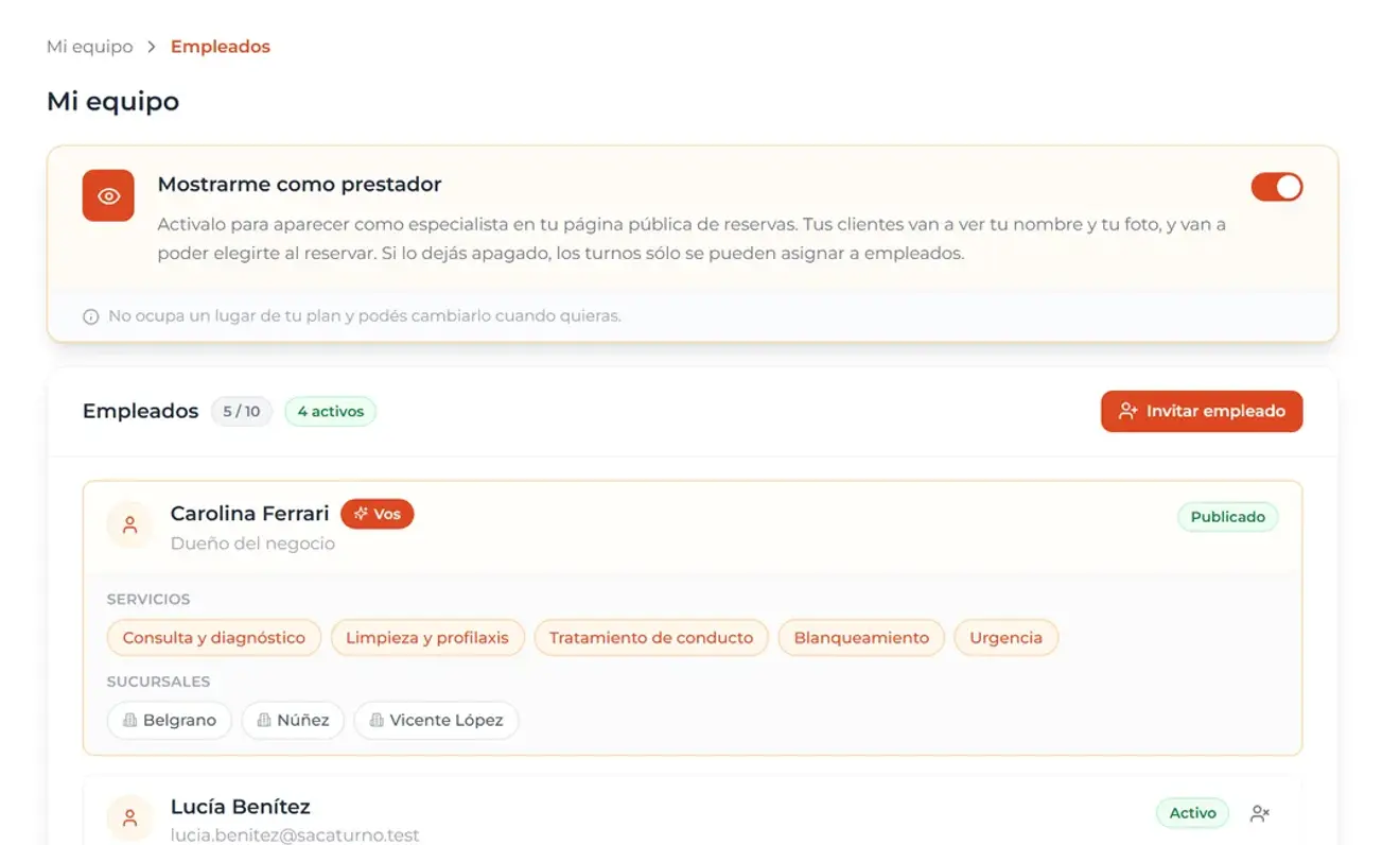 Empleados del equipo con sus servicios y sucursales